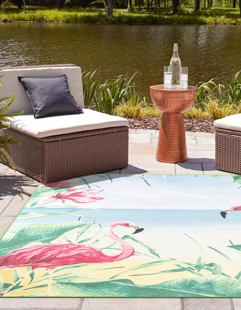 Belizean Tropics Outdoor Rugs Collection Area Rug - Placencia Square Blue and Green lifestyle 30