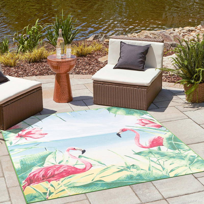 Belizean Tropics Outdoor Rugs Collection Area Rug - Placencia Square Blue and Green lifestyle 83