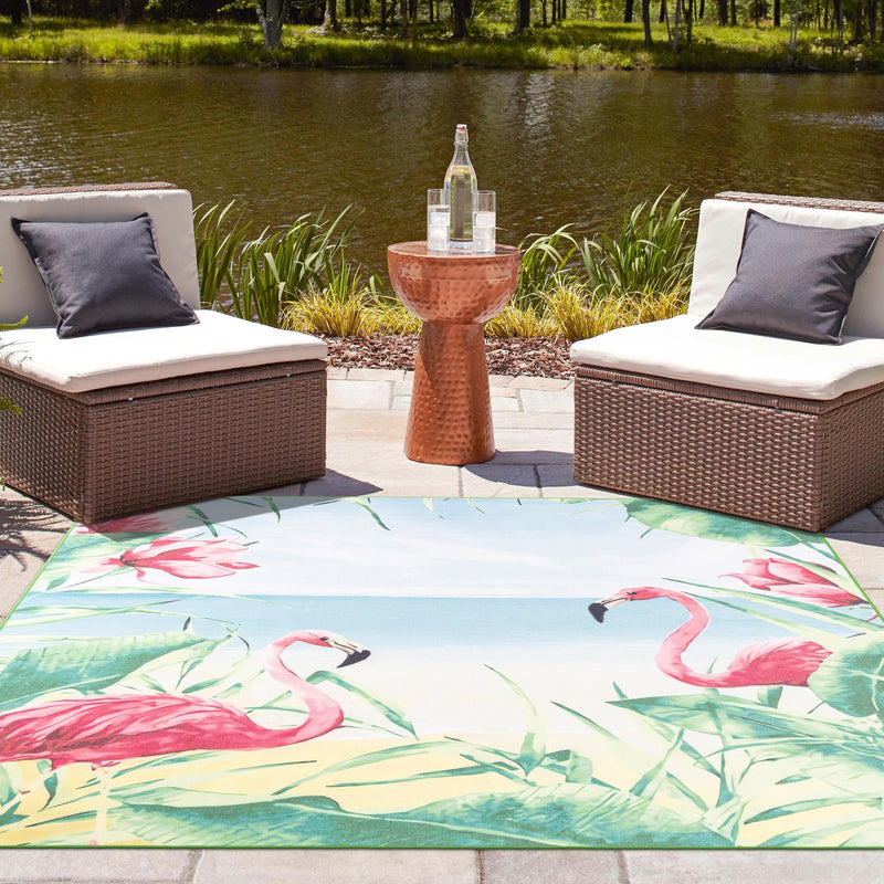 Belizean Tropics Outdoor Rugs Collection Area Rug - Placencia Square Blue and Green lifestyle 86
