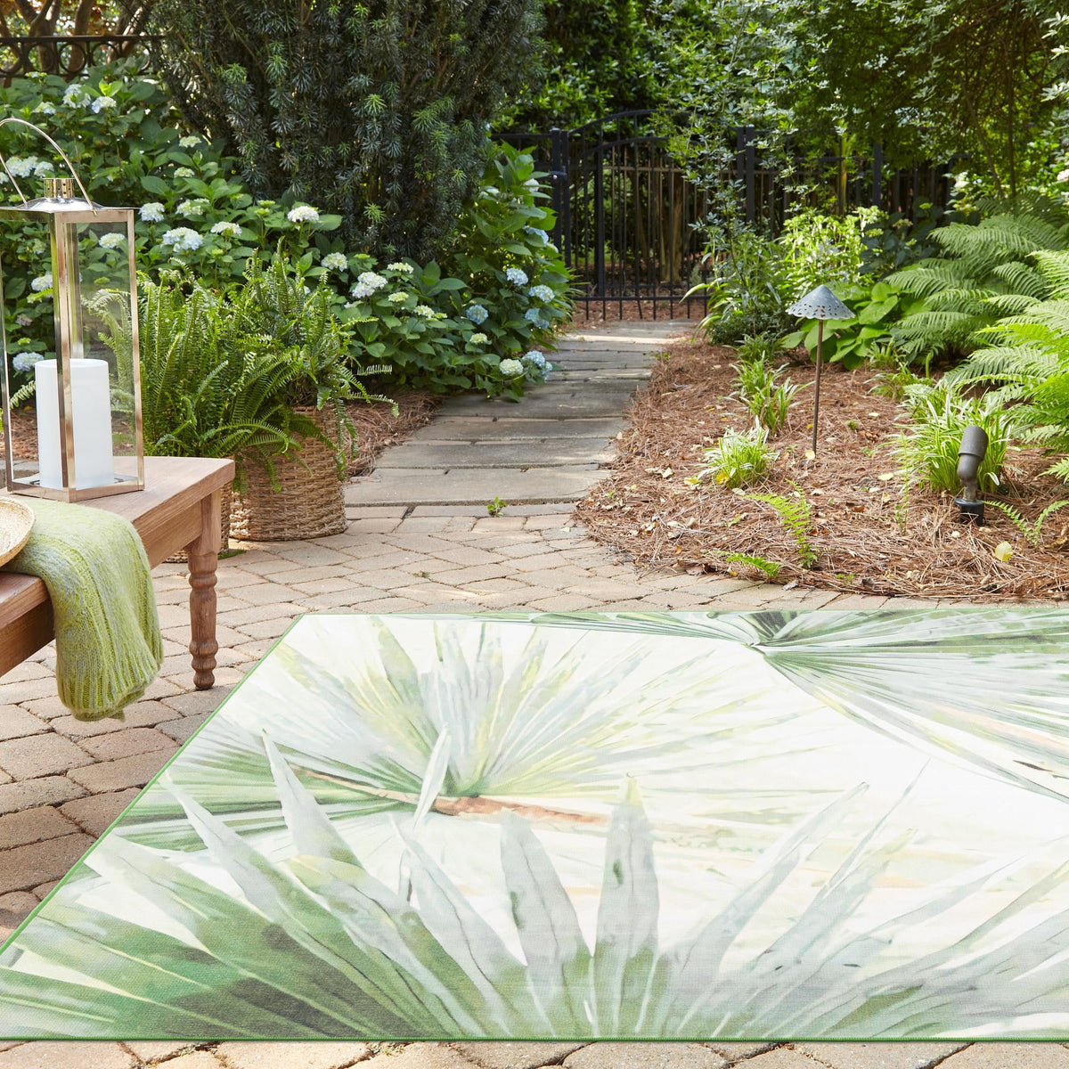 Belizean Tropics Outdoor Rugs Collection Area Rug - Mayan Square Green lifestyle 64
