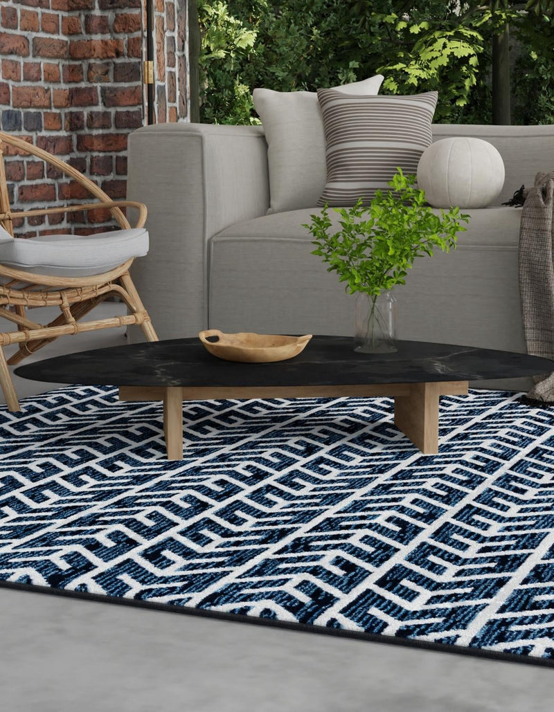 Catalina Cove Outdoor Collection Area Rug - Newport Square Navy Blue lifestyle 30
