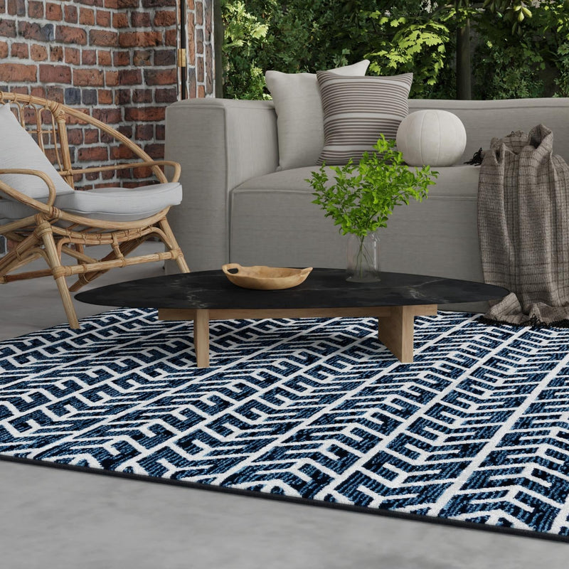 Catalina Cove Outdoor Collection Area Rug - Newport Square Navy Blue lifestyle 79