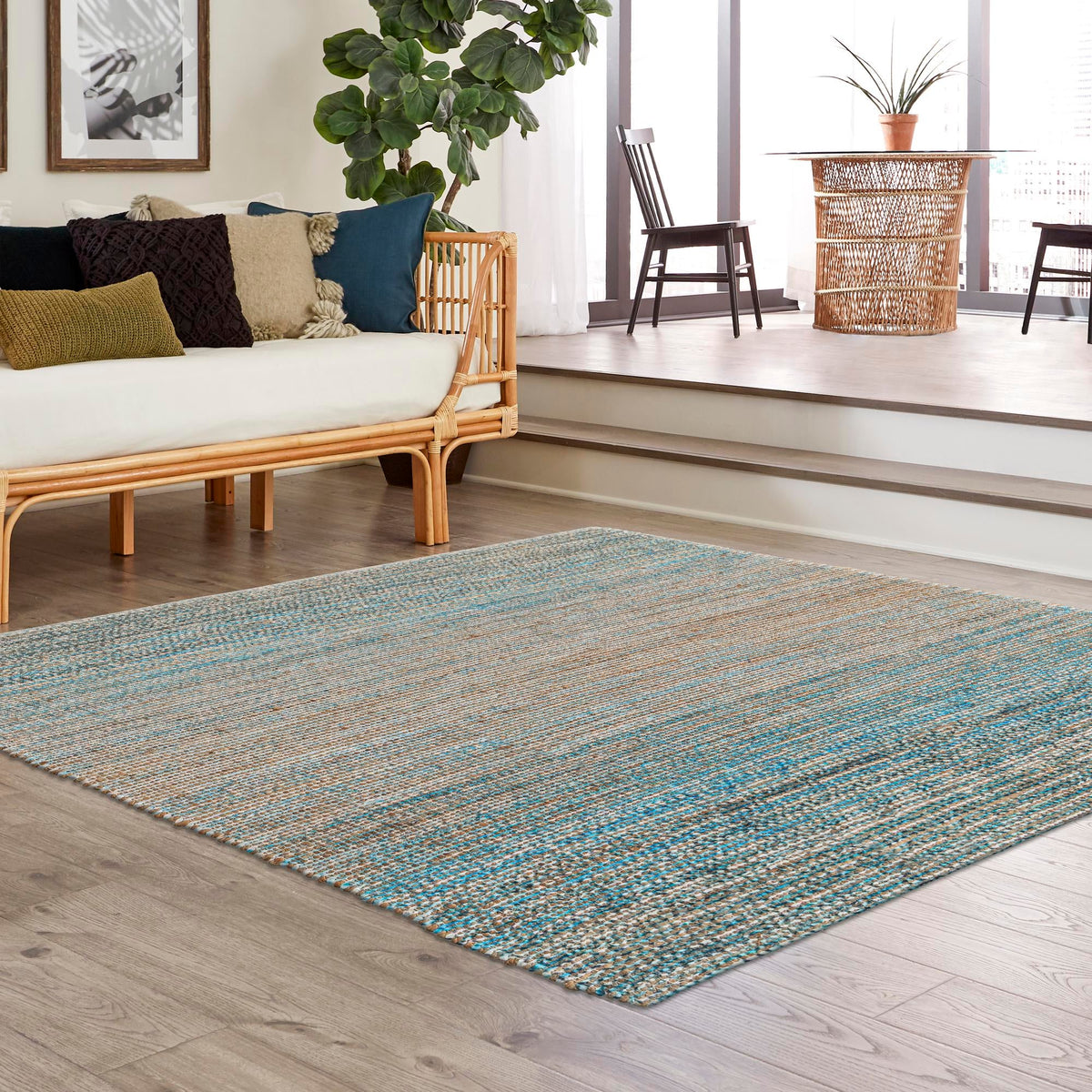 Desert Weave Jute Collection Area Rug - Gobi Square Ivory and Blue lifestyle 83
