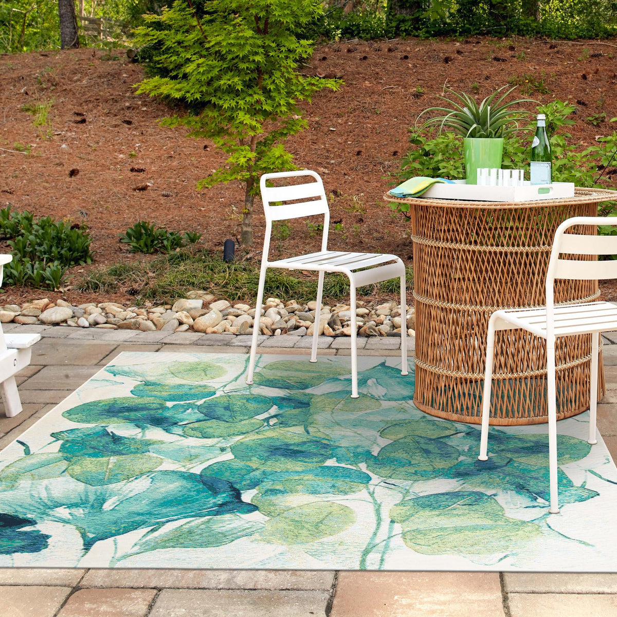 Garden Terrace Escape Collection Area Rug - Flora Square Blue Green lifestyle 62