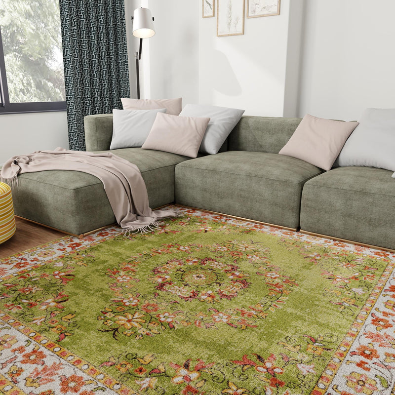 Geneva Terrace Collection Area Rug - Yverdon Square Green lifestyle 99