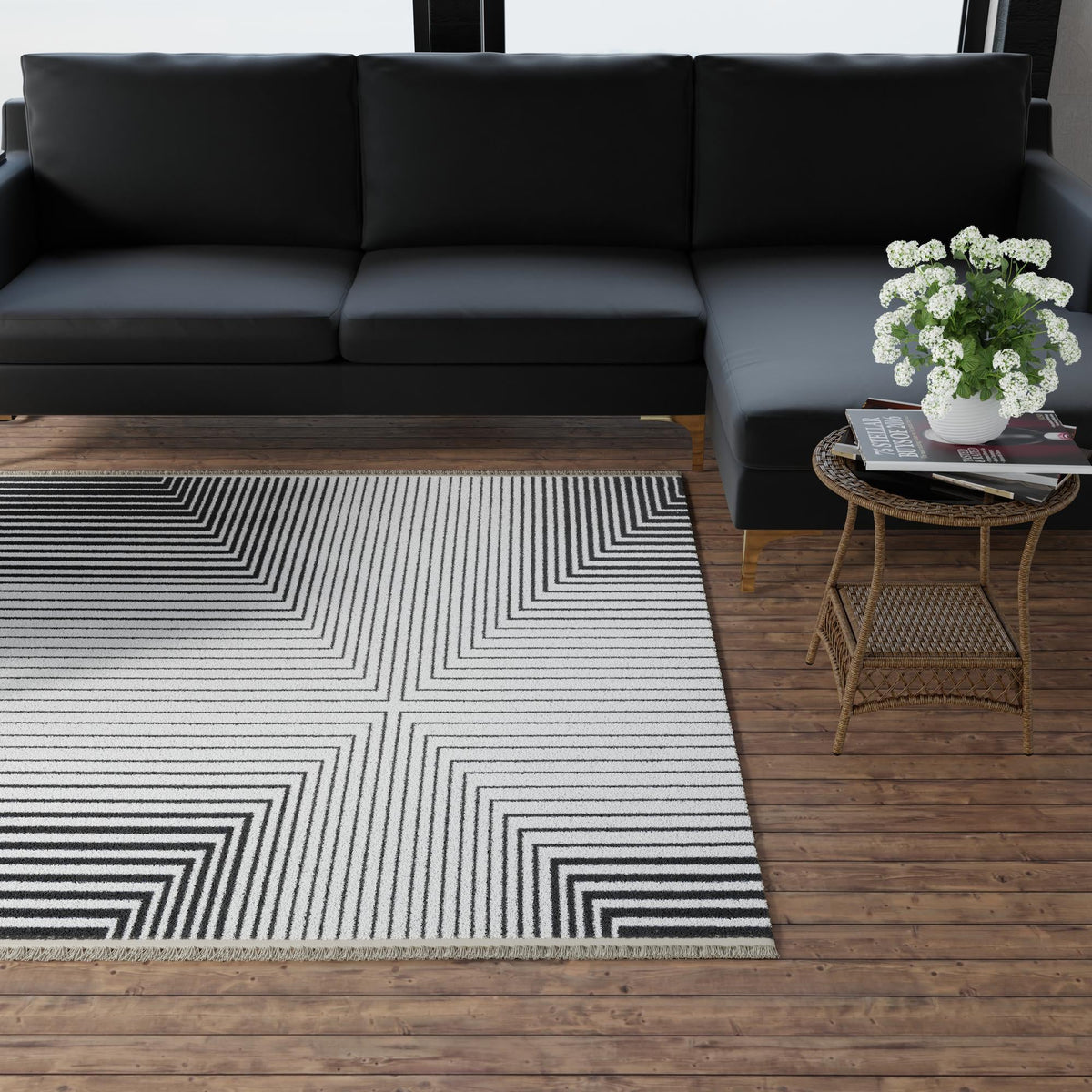 Roma Elegance Collection Area Rug - Palatino Square Black and White lifestyle 44