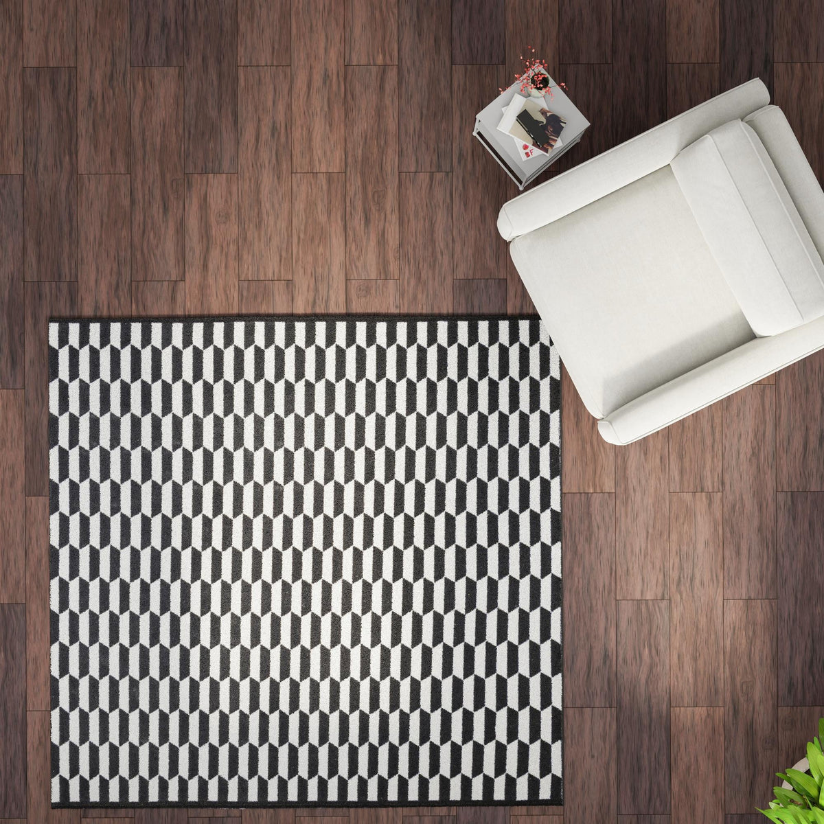 Roma Elegance Collection Area Rug - Trevi Square Black and White lifestyle 49