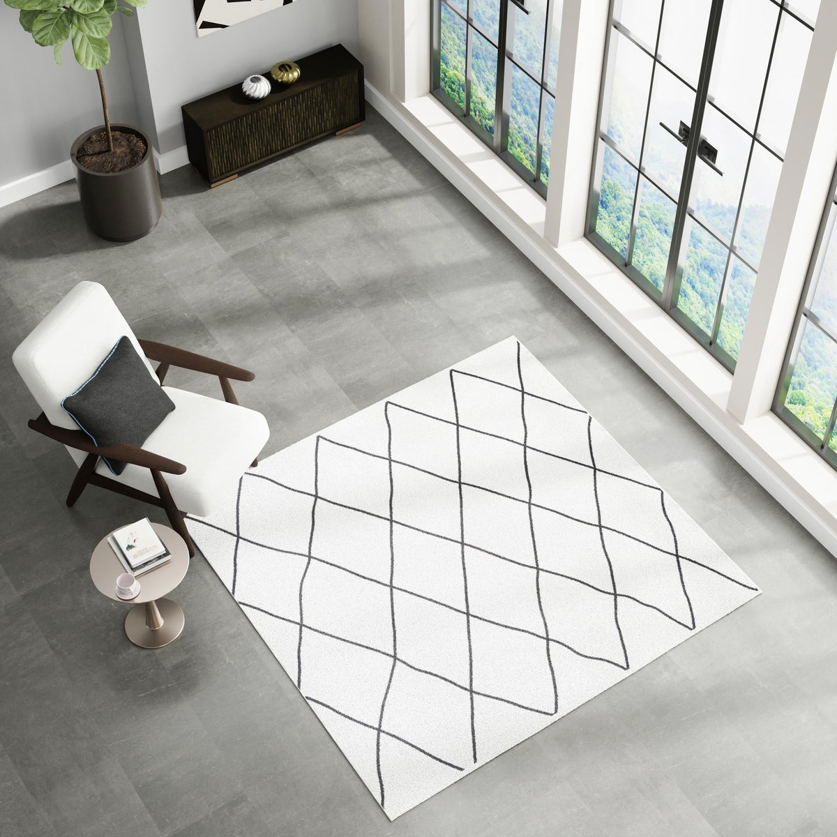 Roma Elegance Collection Area Rug - Piazza Square Black and White lifestyle 49