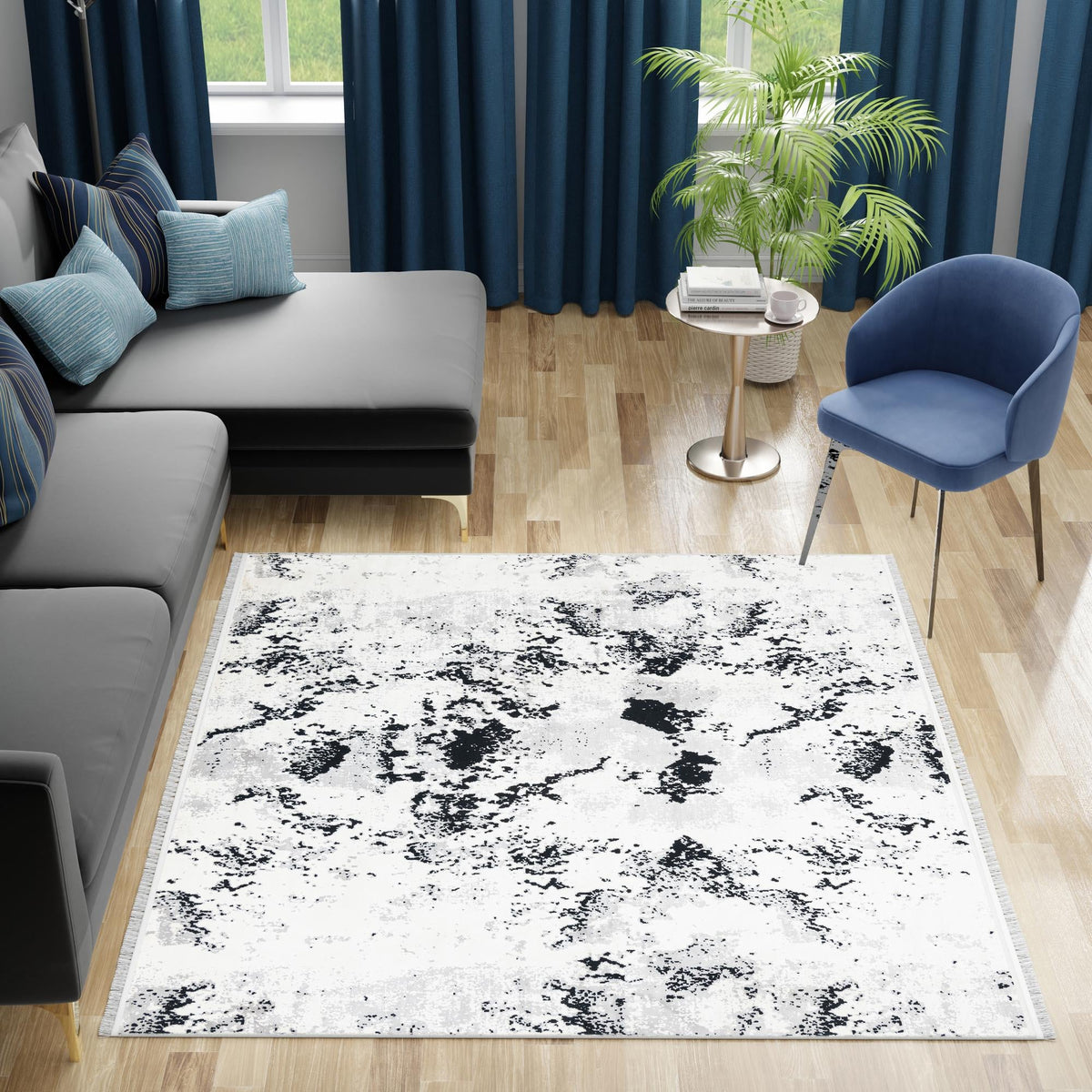 Roma Elegance Collection Area Rug - Capitolino Square Black and White lifestyle 54