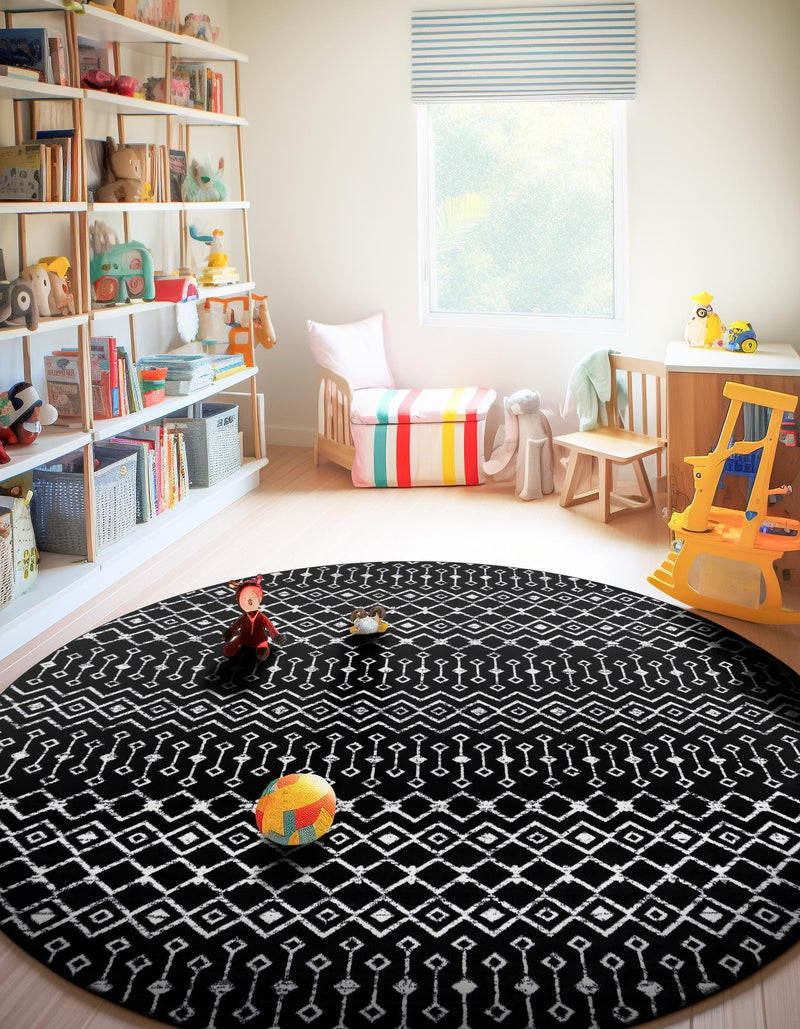 Marrakech Lattice Collection Area Rug - Medina (Black) Round Black lifestyle 9