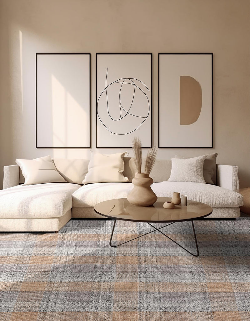 Sustainable Grid Indoor-Outdoor Oasis Collection Area Rug - Savannah Square Desert Gray lifestyle 123