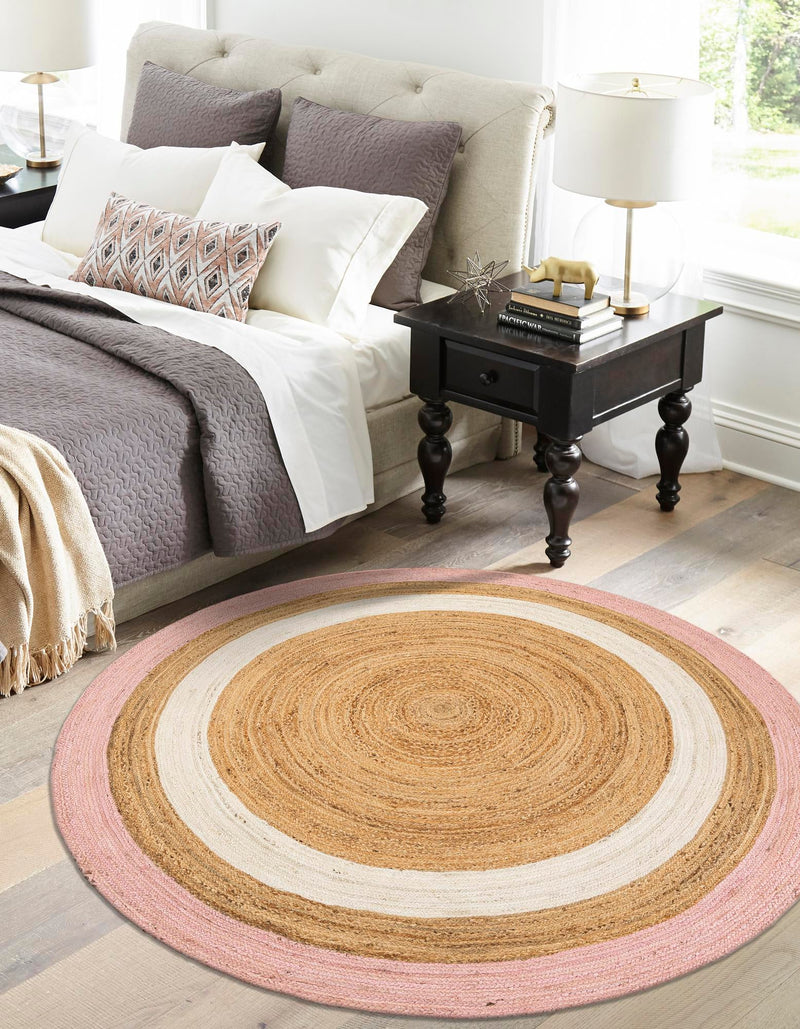 Woven Seaside Jute Collection Area Rug - Nantucket Round Pink White Natural lifestyle 36