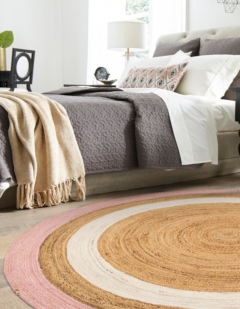 Woven Seaside Jute Collection Area Rug - Nantucket Round Pink White Natural lifestyle 42