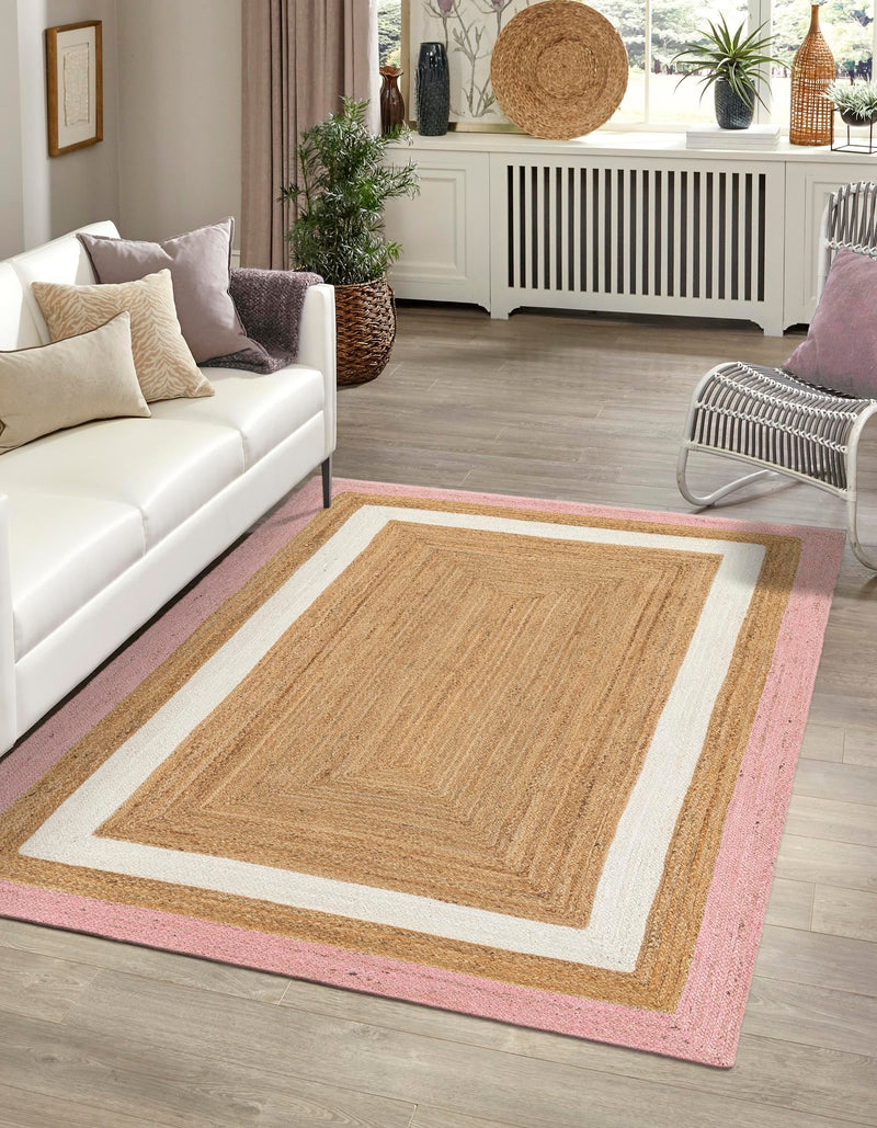 Woven Seaside Jute Collection Area Rug - Nantucket Rectangle Pink White Natural lifestyle 2