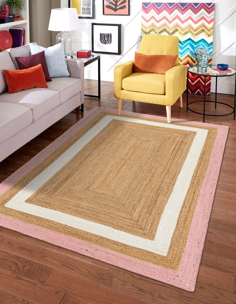 Woven Seaside Jute Collection Area Rug - Nantucket Rectangle Pink White Natural lifestyle 6