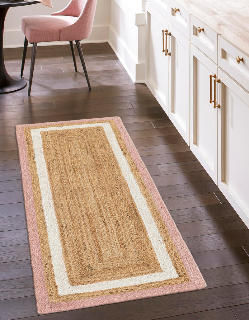 Woven Seaside Jute Collection Area Rug - Nantucket Runner Pink White Natural lifestyle 35