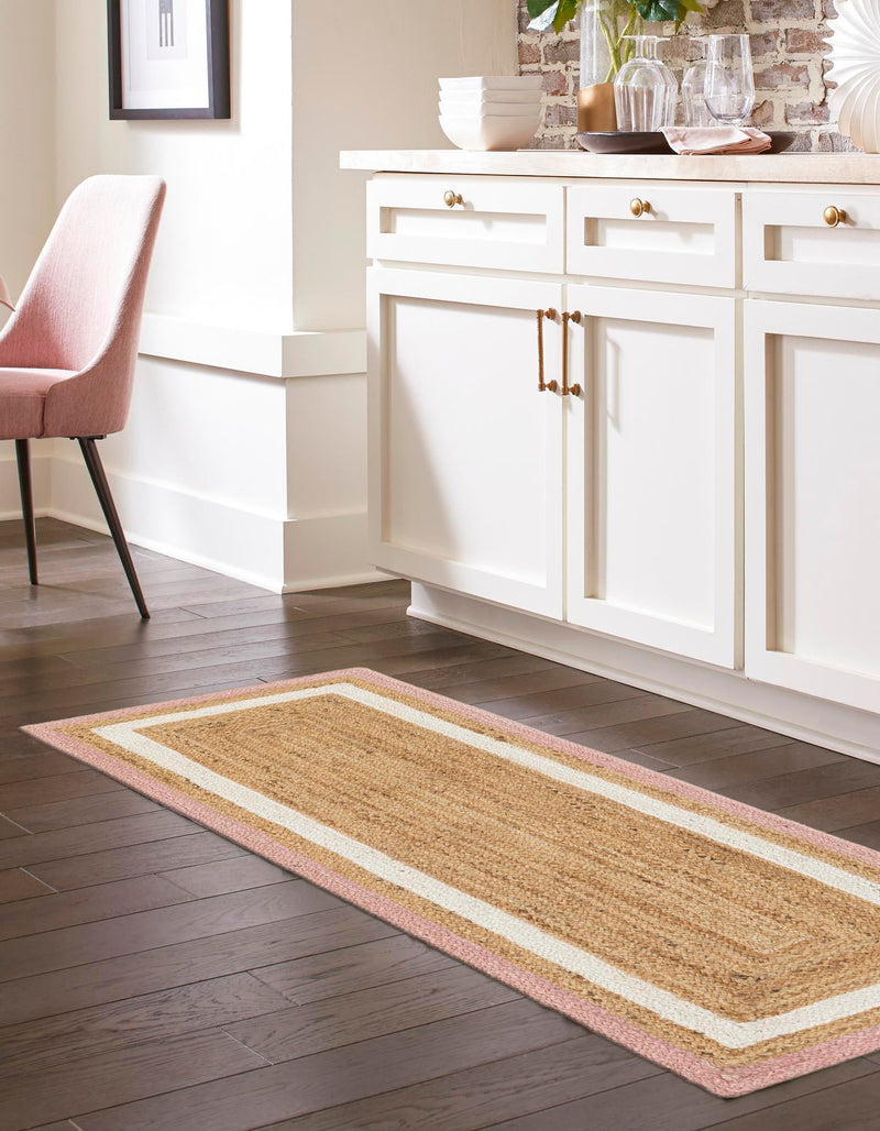 Woven Seaside Jute Collection Area Rug - Nantucket Runner Pink White Natural lifestyle 41