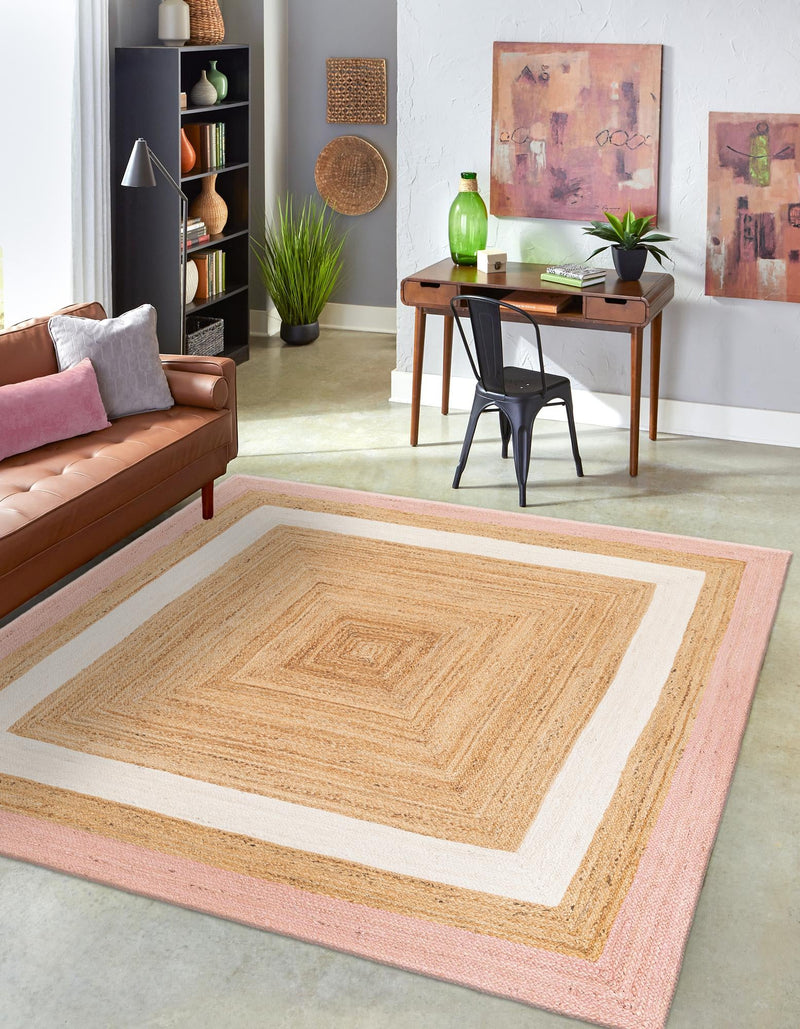 Woven Seaside Jute Collection Area Rug - Nantucket Square Pink White Natural lifestyle 37