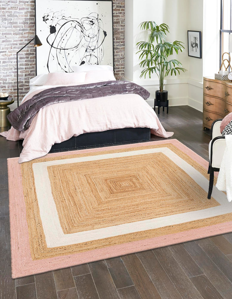Woven Seaside Jute Collection Area Rug - Nantucket Square Pink White Natural lifestyle 48