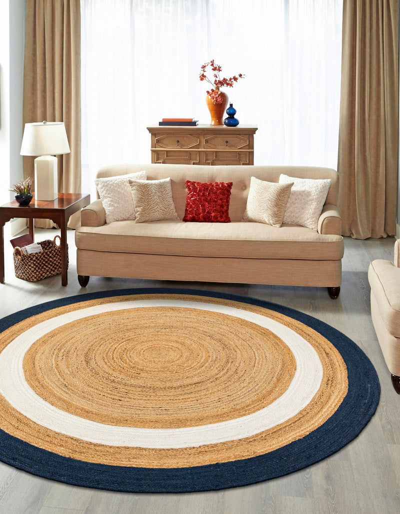 Woven Seaside Jute Collection Area Rug - Nantucket Round Navy Blue White Natural lifestyle 39