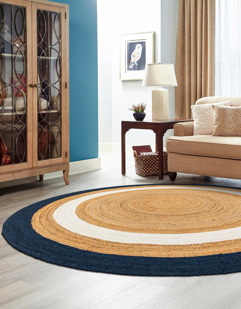 Woven Seaside Jute Collection Area Rug - Nantucket Round Navy Blue White Natural lifestyle 45