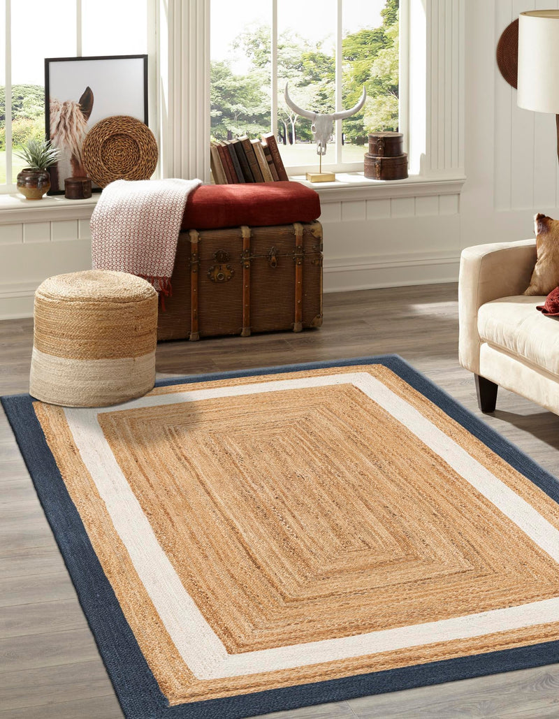 Woven Seaside Jute Collection Area Rug - Nantucket Rectangle Navy Blue White Natural lifestyle 3