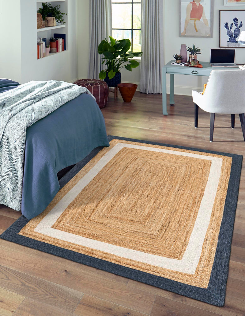 Woven Seaside Jute Collection Area Rug - Nantucket Rectangle Navy Blue White Natural lifestyle 7