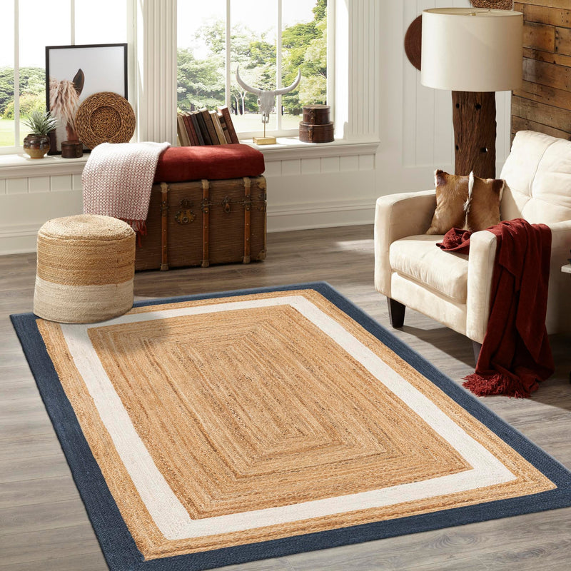 Woven Seaside Jute Collection Area Rug - Nantucket Rectangle Navy Blue White Natural lifestyle 30