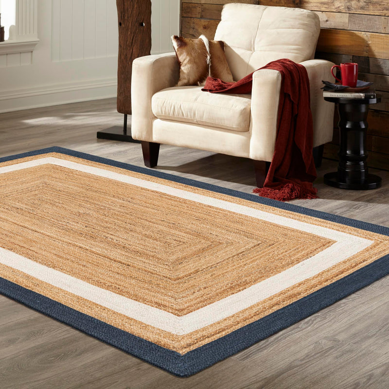 Woven Seaside Jute Collection Area Rug - Nantucket Rectangle Navy Blue White Natural lifestyle 32