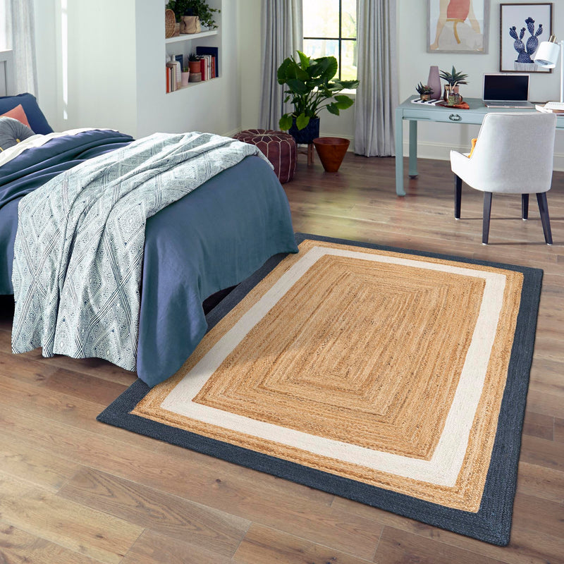 Woven Seaside Jute Collection Area Rug - Nantucket Rectangle Navy Blue White Natural lifestyle 34