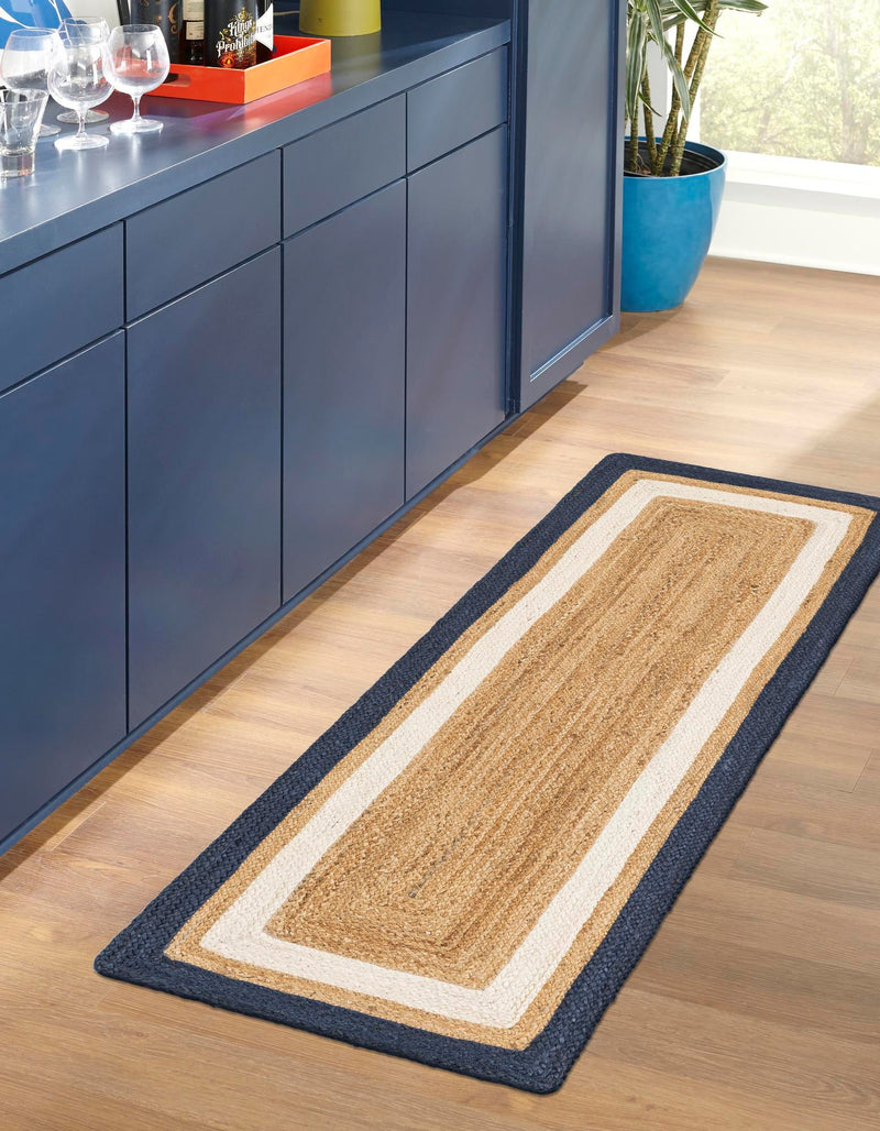 Woven Seaside Jute Collection Area Rug - Nantucket Runner Navy Blue White Natural lifestyle 38