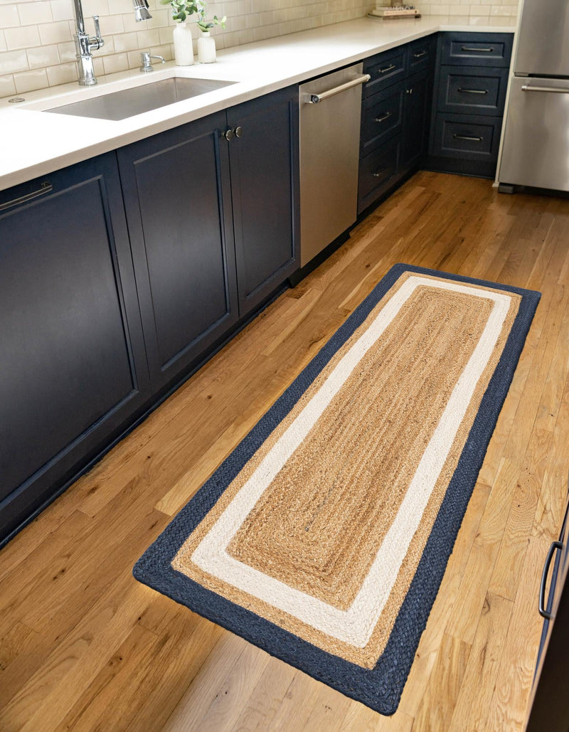 Woven Seaside Jute Collection Area Rug - Nantucket Runner Navy Blue White Natural lifestyle 44