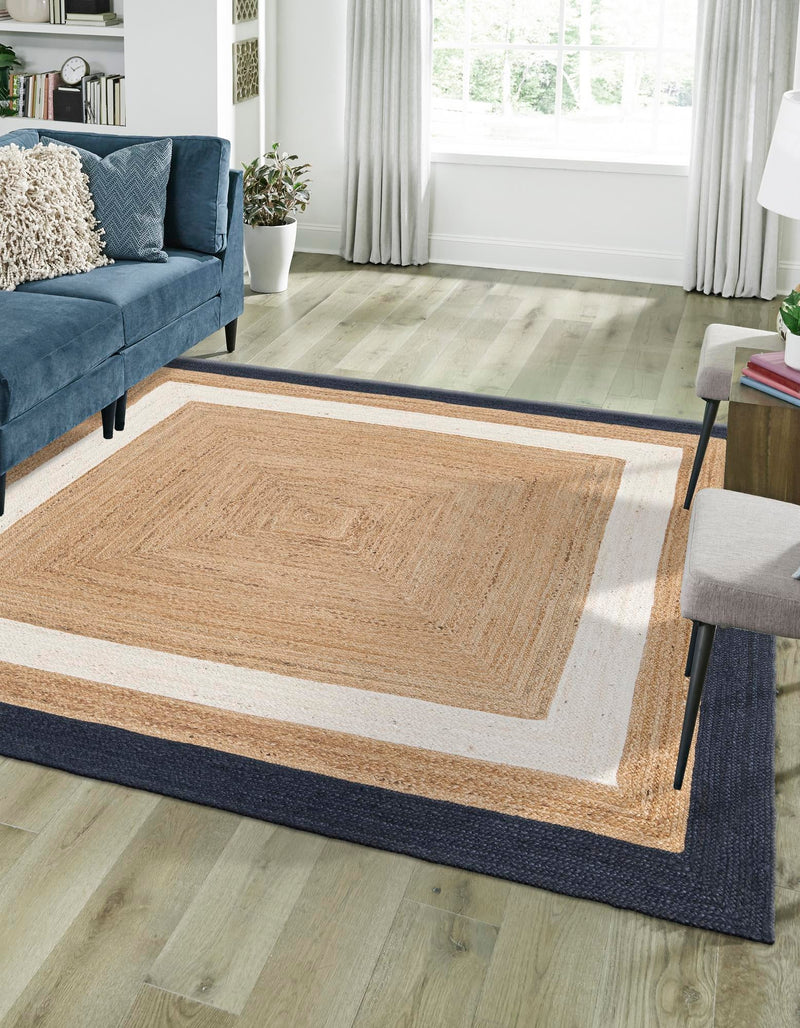 Woven Seaside Jute Collection Area Rug - Nantucket Square Navy Blue White Natural lifestyle 40