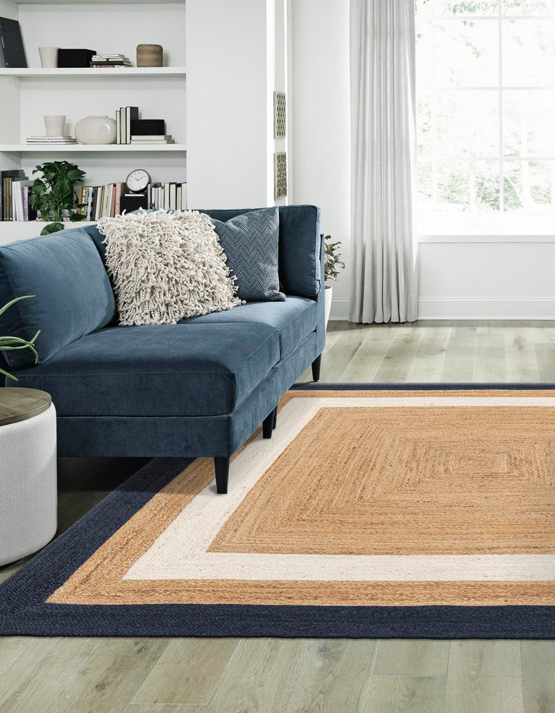 Woven Seaside Jute Collection Area Rug - Nantucket Square Navy Blue White Natural lifestyle 46