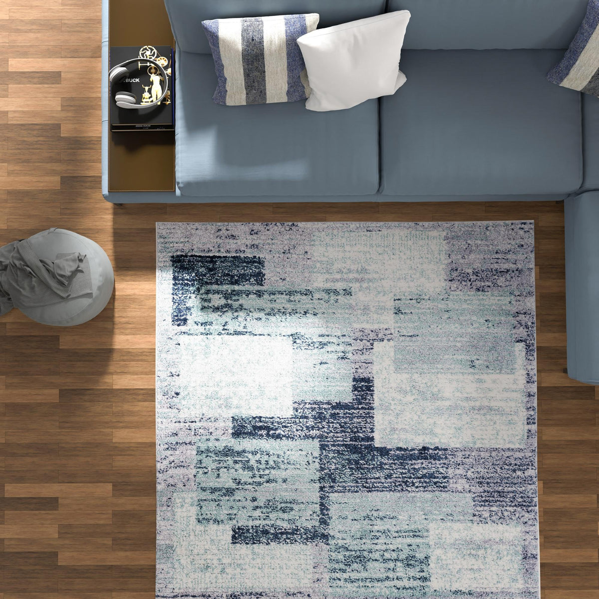Santa Fe Trails Collection Area Rug - Pueblo Square Blue and Gray lifestyle 89