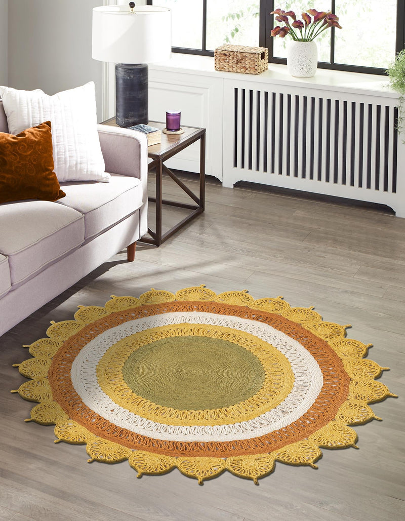 Woven Seaside Jute Collection Area Rug - Coastalhaven (Sunflower Yellow) Round Sunflower Yellow lifestyle 4