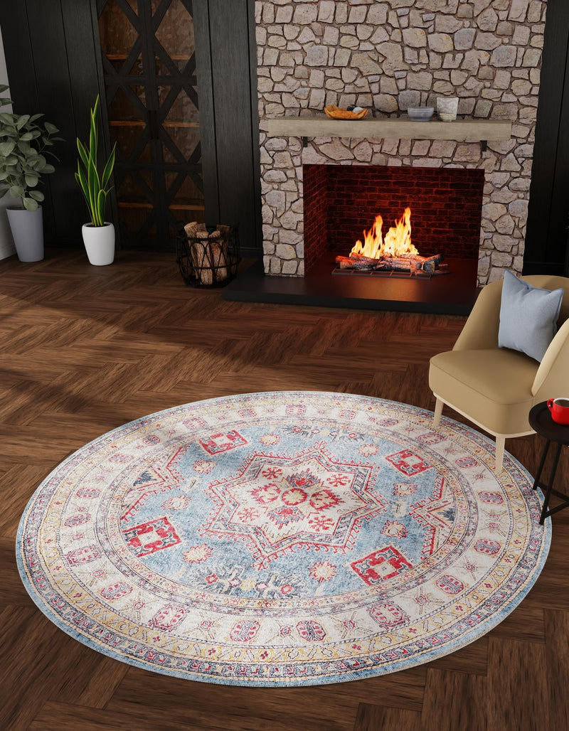 Heritage Elegance Collection Area Rug - Neuschwanstein Round Light Blue lifestyle 84
