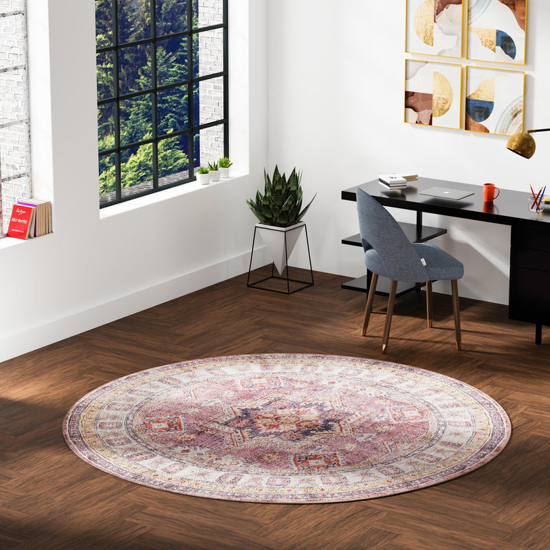 Heritage Elegance Collection Area Rug - Neuschwanstein Round Antique Rose Pink lifestyle 166