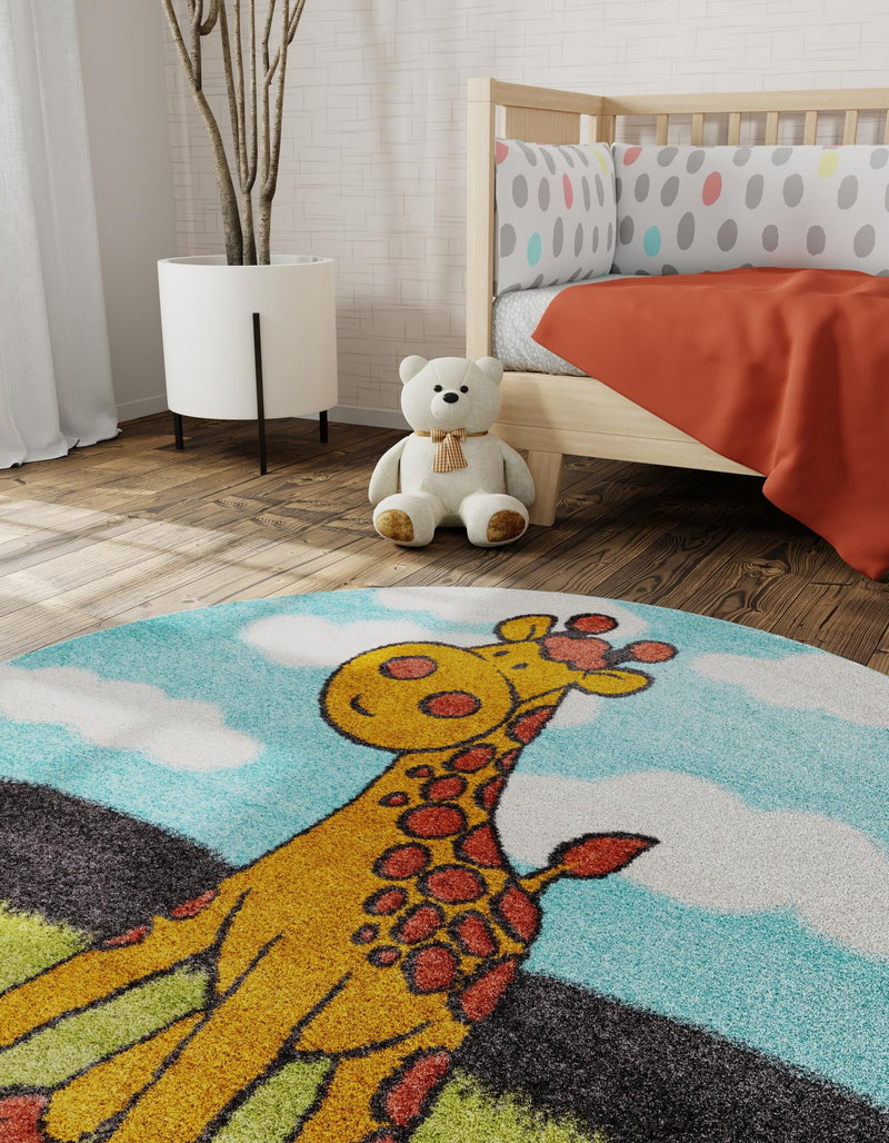 Playful Patterns Collection Area Rug - Frolic Round Blue lifestyle 26