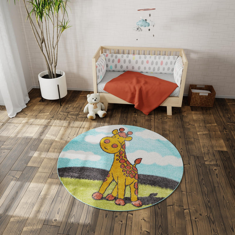 Playful Patterns Collection Area Rug - Frolic Round Blue lifestyle 50