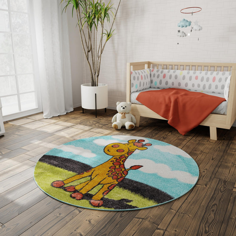 Playful Patterns Collection Area Rug - Frolic Round Blue lifestyle 52