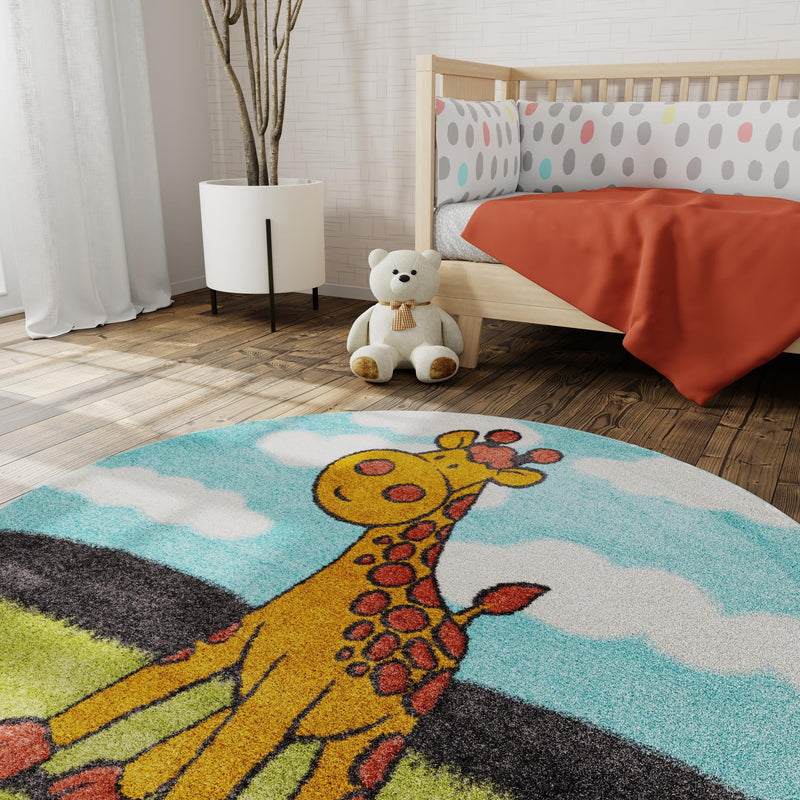 Playful Patterns Collection Area Rug - Frolic Round Blue lifestyle 54