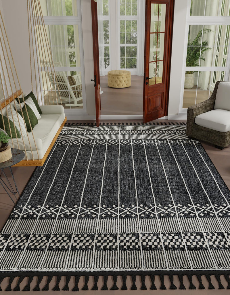 Sustainable Nomad Terrace Collection Area Rug - Reef Rectangle Charcoal Black lifestyle 21