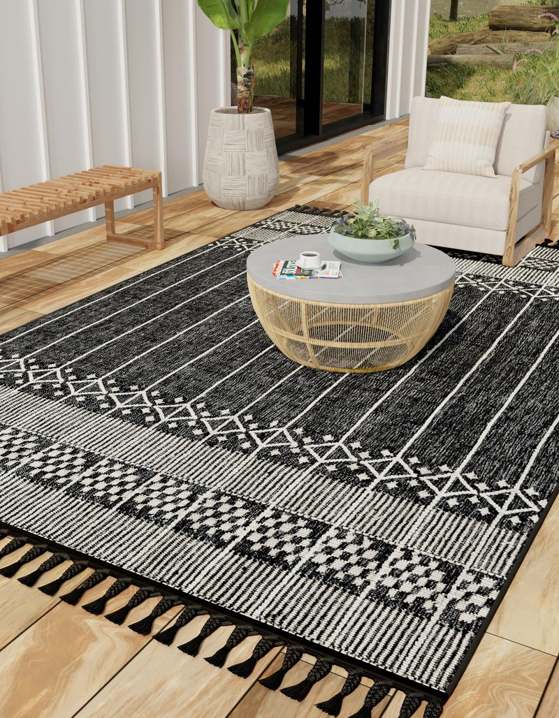 Sustainable Nomad Terrace Collection Area Rug - Reef Rectangle Charcoal Black lifestyle 42
