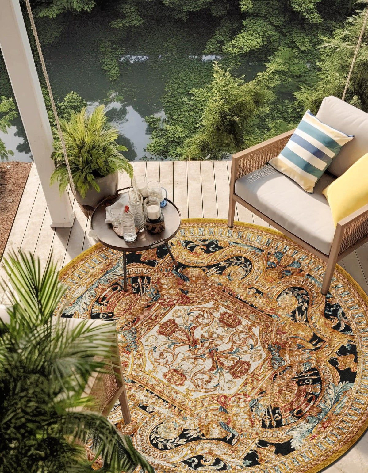 Patio Elegance Collection Area Rug - Veranda Round Black Gold Brown lifestyle 48
