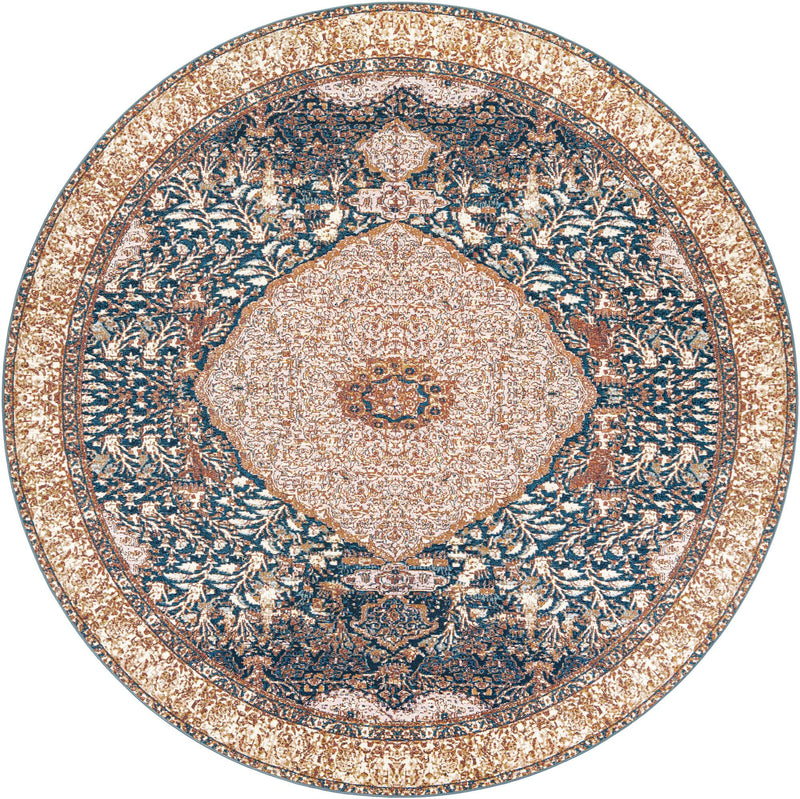 Patio Elegance Collection Area Rug - Courtyard Round Navy Blue and Light Pink lifestyle 22