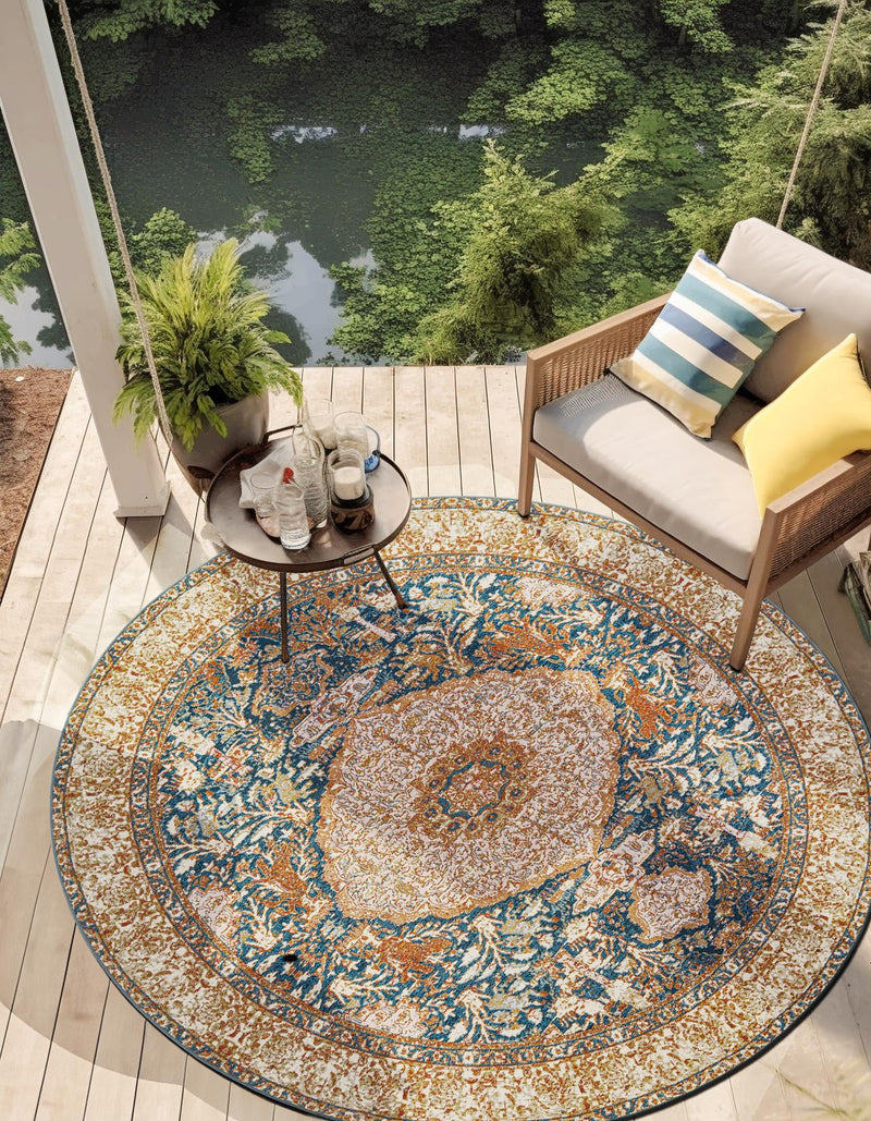 Patio Elegance Collection Area Rug - Courtyard Round Navy Blue and Light Pink lifestyle 25