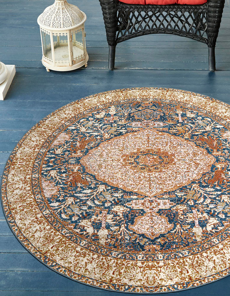 Patio Elegance Collection Area Rug - Courtyard Round Navy Blue and Light Pink lifestyle 28