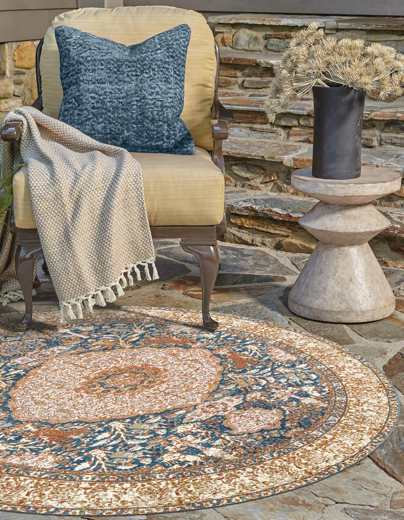 Patio Elegance Collection Area Rug - Courtyard Round Navy Blue and Light Pink lifestyle 31