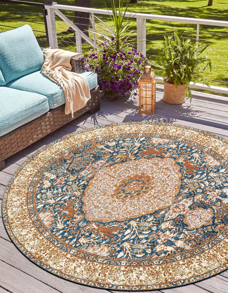 Patio Elegance Collection Area Rug - Courtyard Round Navy Blue and Light Pink lifestyle 34